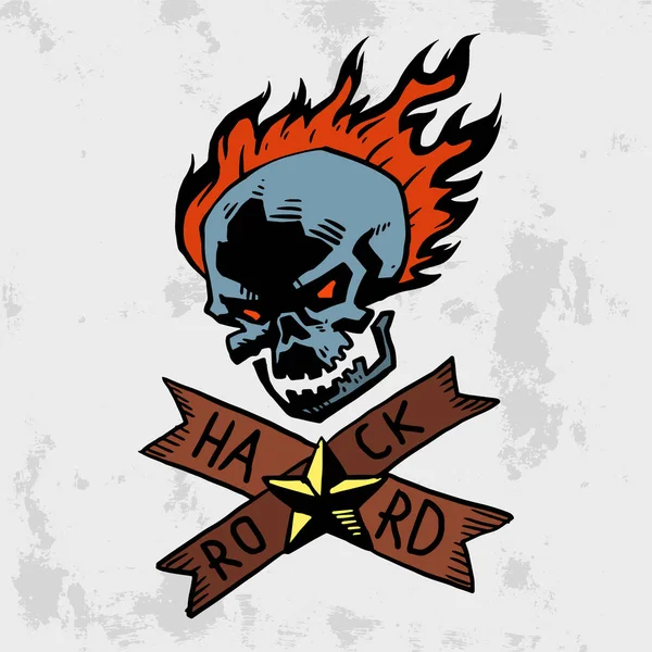 Tung rock musik badge vektor bakgrund vintage etikett med punk skallen symbol hårt ljud klistermärke emblem illustration — Stock vektor