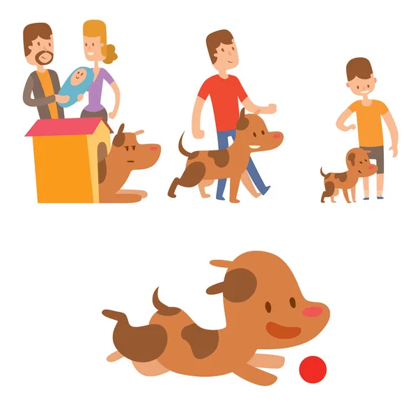 Vector ilustração bonito jogar cães com pessoas personagens engraçados cachorrinho de raça feliz mamífero — Vetor de Stock