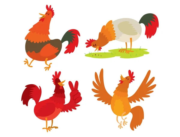 Sevimli çizgi horoz vektör çizim tavuk çiftliği hayvan tarım Yurtiçi kuş karakter. — Stok Vektör