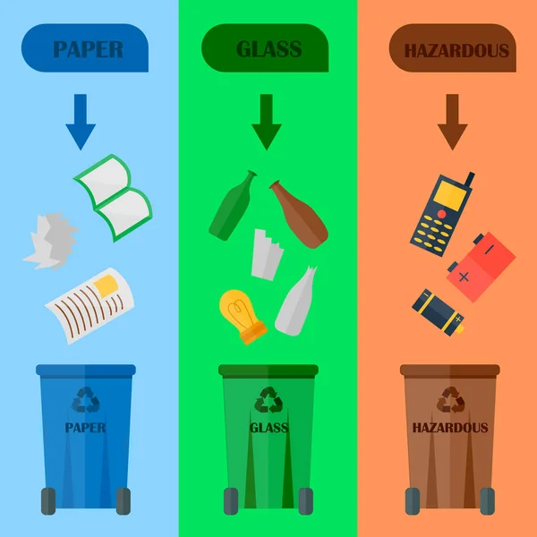 Diferite carduri de gunoi de reciclare tipuri de deșeuri de prelucrare a sortării, tratarea refacerii gunoiului utilizează icoane ilustrare vectorială . — Vector de stoc