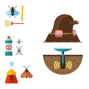 Ev haşere böcek vektör kontrolü uzman haşere yok edici hizmet haşere böcek thrips ekipman düz simgeler çizim.