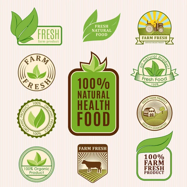 Organic vegan vector logo labels healthy food eco restaurant logo badges natura dieta prodotto illustrazione — Vettoriale Stock