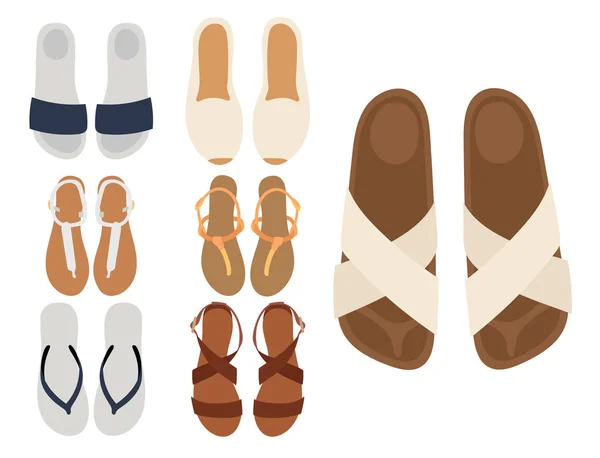 Slippers vector strand zomer veelkleurige vrouwelijke slippers geïsoleerd op wit casual zomer schoeisel paar ontwerpen — Stockvector