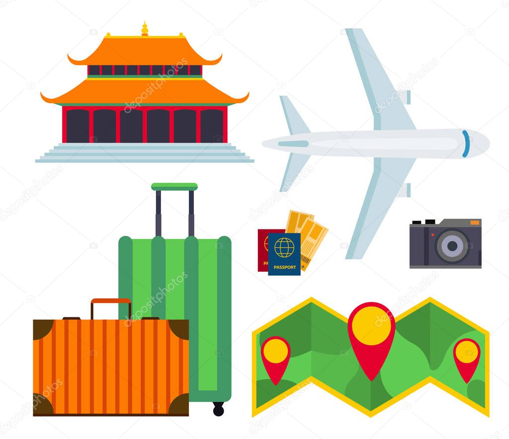 Travel vector icons flat tourism vacation place tourist attractions travelers illustration.