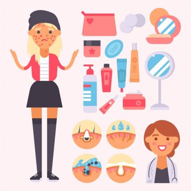 Yüz bakımı cilt sorunları temiz humancosmetic sivilce Dermatoloji istikrarsızlık yüz sıska bakım genç kusurları öğeleri illüstrasyon vektör.