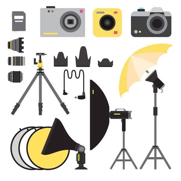 Fotocamera foto vettoriale studio icone ottiche tipi di obiettivi obiettivo retrò fotografia attrezzature fotografo professionista guardare illustrazione — Vettoriale Stock