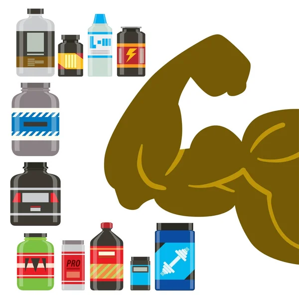 Nutrición deportiva alimentación saludable vector fitness dieta culturismo proteina poder deporte comida y bebida suplemento atlético energía ilustración . — Vector de stock