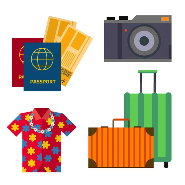 Aeropuerto viaje vista accesorios iconos turismo plano turismo lugar atracciones turísticas vector ilustración . — Vector de stock