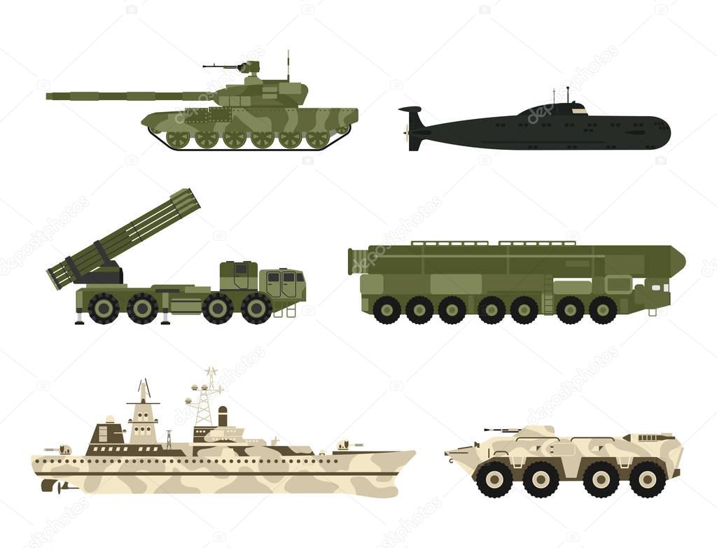 Military army transport technic vector war tanks industry technic armor system armored army personnel camouflage carriers weapon illustration.