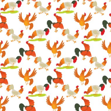 Sevimli çizgi horoz vektör çizim tavuk çiftliği hayvan tarım Yurtiçi karakter Dikişsiz desen arka plan