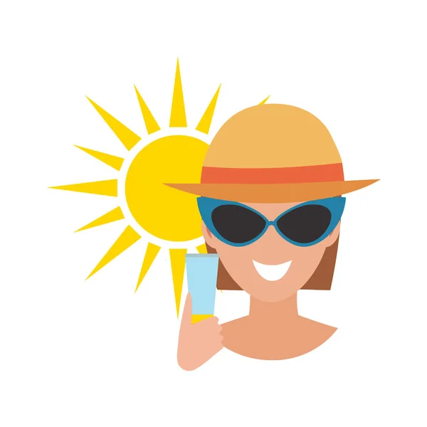 Avatar humano mujer grado de quemaduras solares playa accesorios verano bronceado personas vector ilustración . — Vector de stock