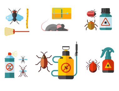 Ev haşere böcek vektör kontrolü uzman haşere yok edici hizmet haşere böcek thrips ekipman düz simgeler çizim.