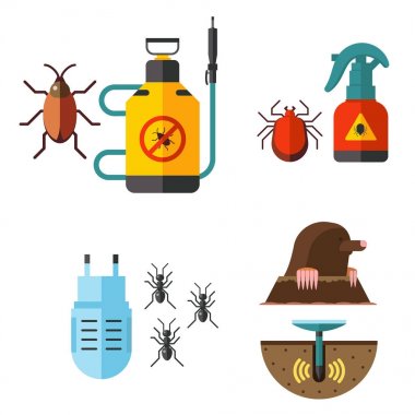Ev haşere böcek vektör kontrolü uzman haşere yok edici hizmet haşere böcek thrips ekipman düz simgeler çizim.