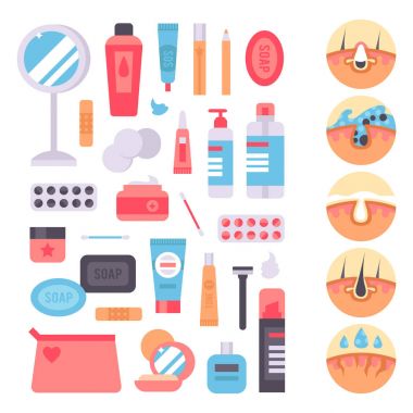 Yüz bakımı cilt sorunları temiz humancosmetic sivilce Dermatoloji istikrarsızlık yüz sıska bakım genç kusurları öğeleri illüstrasyon vektör.