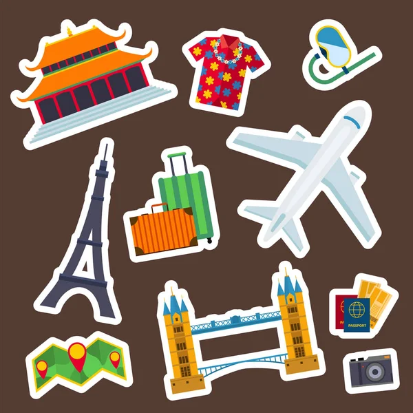 Viaje vector iconos plano turismo vacaciones lugar atracciones turísticas viajeros ilustración . — Archivo Imágenes Vectoriales