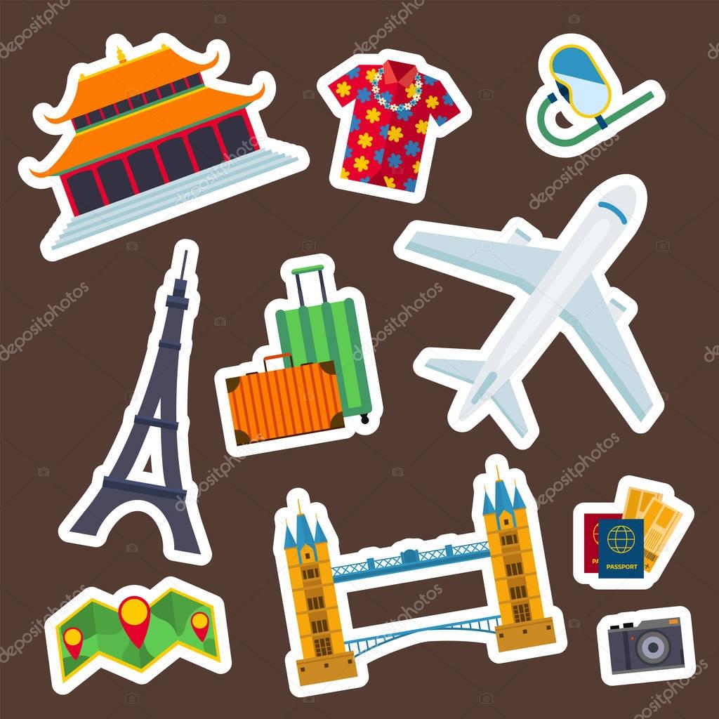 Travel vector icons flat tourism vacation place tourist attractions travelers illustration.