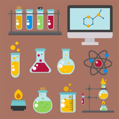 Laboratuvar sembolleri tıbbi laboratuar bilimsel biyoloji biyoteknoloji bilim kimya simgeler illüstrasyon vektör tasarım test.