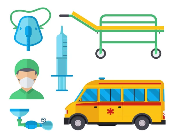 Ambulancia medicina salud emergencia coche vector hospital urgente farmacia apoyo médico tratamiento paramédico ilustración — Vector de stock