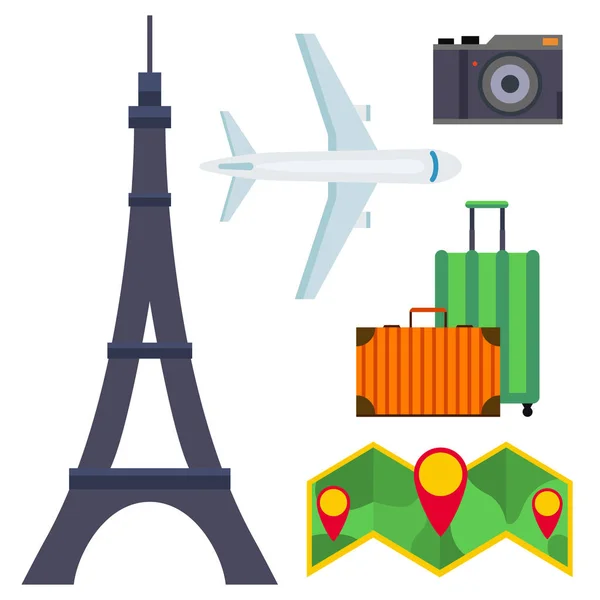 Viaje vector iconos plano turismo vacaciones lugar atracciones turísticas viajeros ilustración . — Vector de stock