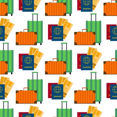 Pasaport ve bilet hava seyahat bavul düz tasarım vatandaşlık Gezgin uluslararası belge Dikişsiz desen arka plan vektör çizim.
