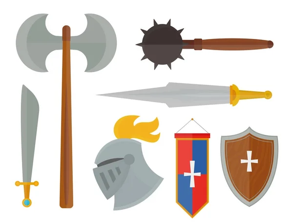 Ritter Symbole mittelalterliche Waffen heraldische Ritterschaft Elemente mittelalterliches Königreich Ausrüstung ritterliche Vektor Illustration. — Stockvektor