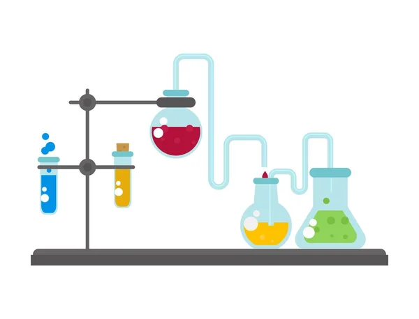 Kimyasal laboratuvar şişesi cam tüp sıvı biyoteknoloji analizi ve tıbbi bilimsel cihazlar kimya laboratuar deney vektör çizim. — Stok Vektör