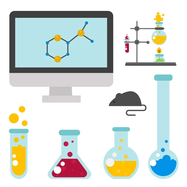 Matraz químico laboratorio vidrio tubo líquido biotecnología análisis y equipo científico médico química laboratorio xperiment vector ilustración . — Vector de stock