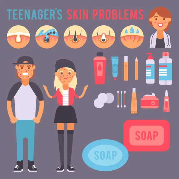 Ansiktsvård hudproblem vektor ren humancosmetic finne dermatologi instabilitet hudvård för ansiktet mager tonåring defekter element illustration. — Stock vektor