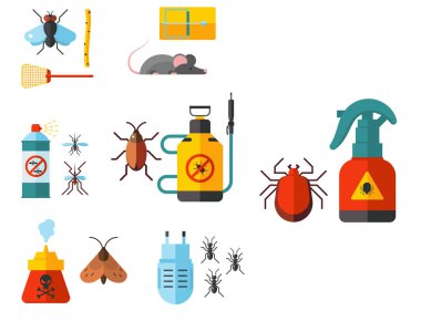 Ev haşere böcek vektör kontrolü uzman haşere yok edici hizmet haşere böcek thrips ekipman düz simgeler çizim.