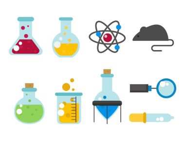 Kimyasal laboratuvar şişesi cam tüp sıvı biyoteknoloji analizi ve tıbbi bilimsel cihazlar kimya laboratuar deney vektör çizim.
