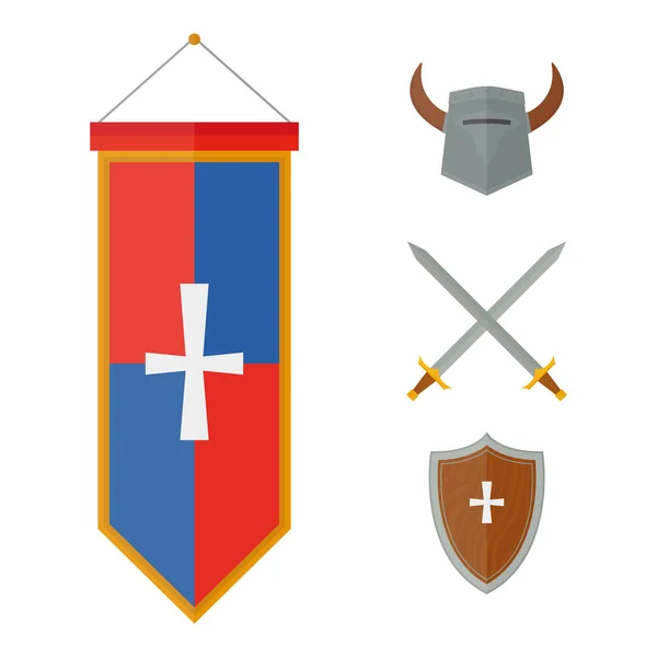Rycerze średniowiecznej broni symbole heraldyczne rycerstwa elementy średniowiecznego królestwa bieg rycerski wektor ilustracja. — Wektor stockowy