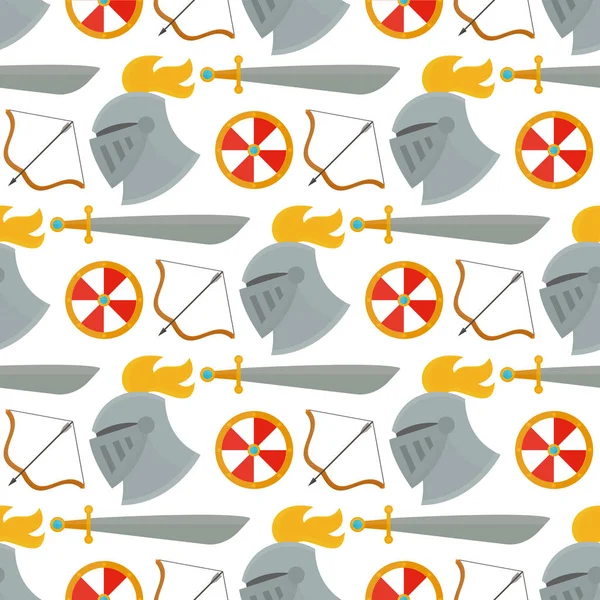 Caballero casco armas medievales caballero heráldico protección reino medieval espada engranaje caballero patrón sin costuras fondo vector ilustración . — Vector de stock