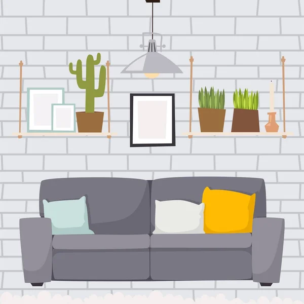 Muebles sala de diseño de interiores apartamento decoración del hogar concepto de arquitectura contemporánea plana elementos de interior vector ilustración . — Vector de stock