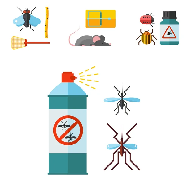 Huis pest control deskundige ongedierte verdelger dienst insect trips apparatuur plat pictogrammen vector illustratie. — Stockvector