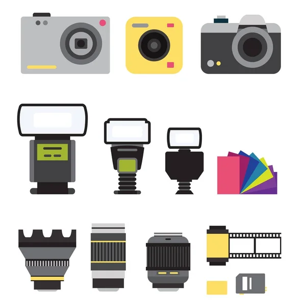 Camera photo vector studio icons optic lenses types objective retro photography equipment professional photographer look illustration — Stock Vector