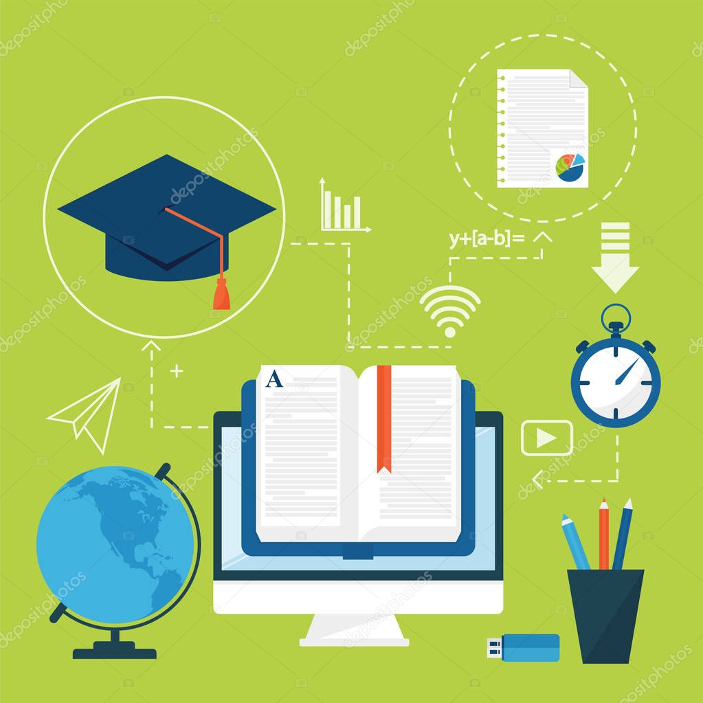 Online education vector staff training book store distant educationary icons learning knowledge illustration