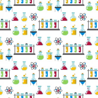 Kimyasal laboratuvar şişesi cam tüp sıvı biyoteknoloji analiz tıbbi bilimsel cihazlar kimya laboratuvar Dikişsiz desen arka plan vektör çizim.