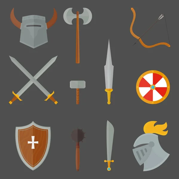 Lovagok szimbólumok középkori fegyverek heraldikai lovagi elemek középkori Királyság felszerelés lovagi vektoros illusztráció. — Stock Vector