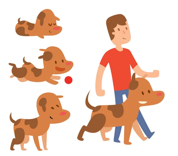 Vector ilustración lindo jugando perros con personas personajes divertido pura raza cachorro cómico mamífero feliz raza — Vector de stock