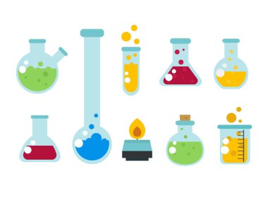 Kimyasal laboratuvar şişesi cam tüp sıvı biyoteknoloji analizi ve tıbbi bilimsel cihazlar kimya laboratuar deney vektör çizim.