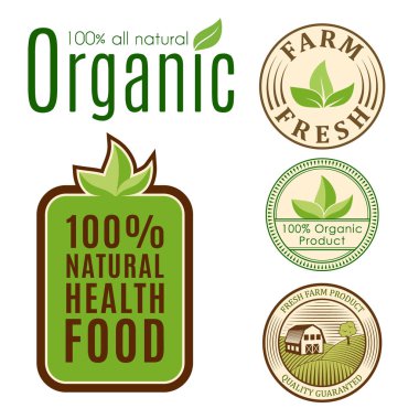 Organik vegan vektör logo sağlıklı gıda Eko Restoran logo rozetleri doğa diyet ürün resimde etiketleri