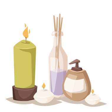 Spa vektör simgeler tedavi güzellik yordamlar sağlık spa masaj Bitkisel Kozmetik aroma spa havlu ve lotus çiçek illüstrasyon taşlar.