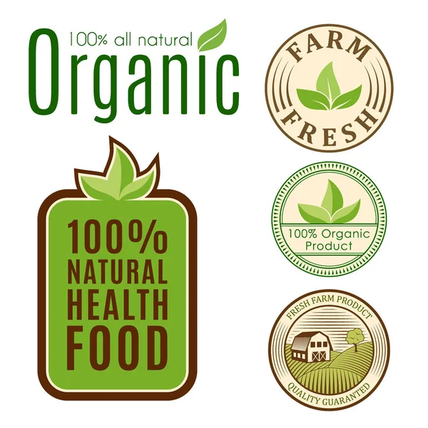 Organic vegan vector logo labels healthy food eco restaurant logo badges natura dieta prodotto illustrazione — Vettoriale Stock