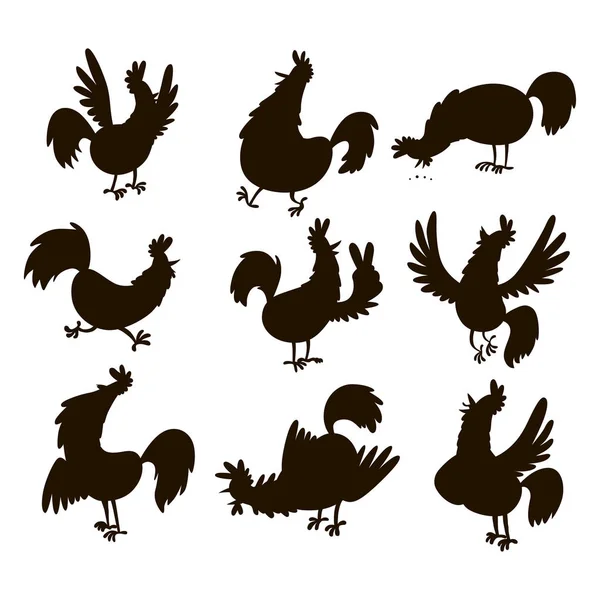 Cute cartoon rooster silhouette vector illustration chicken farm animal agriculture domestic bird character. — Stock Vector