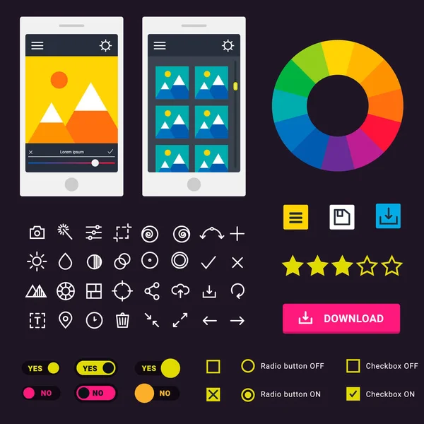 Uživatelské rozhraní vektorové telefon notebook karta mobilní aplikace indikátory zařízení stáhnout pokroku ui-ux webové rozhraní návrhu šablony souboru nahrát obrázek. Prvky rozhraní — Stockový vektor