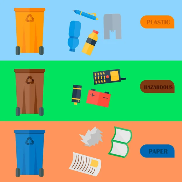 Weste recycling vector vuilnis kaarten afval soorten verwerking behandeling remaking van de trash sorteren gebruiken recycling pictogrammen illustratie. Vuilnis dozen en bakken — Stockvector
