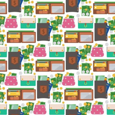 Çanta cüzdan para Dikişsiz desen arka plan alışveriş ile satın iş finansal ödeme çanta ve Aksesuar moda para servet vektör çizim.