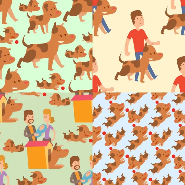 Ilustración vectorial lindos perros y personajes de la gente patrón sin costura pura raza cachorro sonrisa cómica mamífero feliz raza — Archivo Imágenes Vectoriales