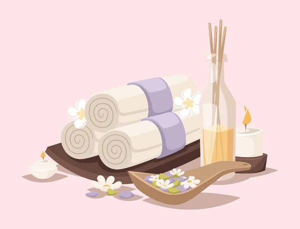 Spa vetor ícones tratamento beleza procedimentos wellness spa-massagem ervas cosméticos aroma spa pedras toalhas e lótus flor ilustração . — Vetor de Stock