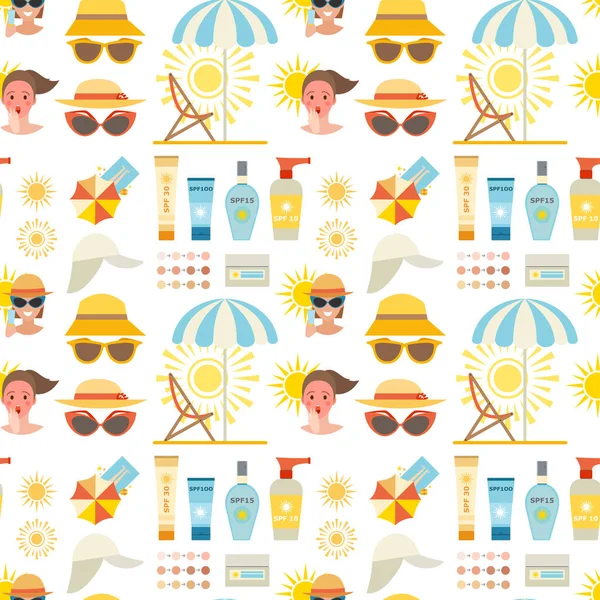 Strandaccessoires Sommer Mode Strand Reisen schöne tropische Lifestyle Sonnenbräune Menschen nahtlose Muster Hintergrund Illustration. — Stockvektor